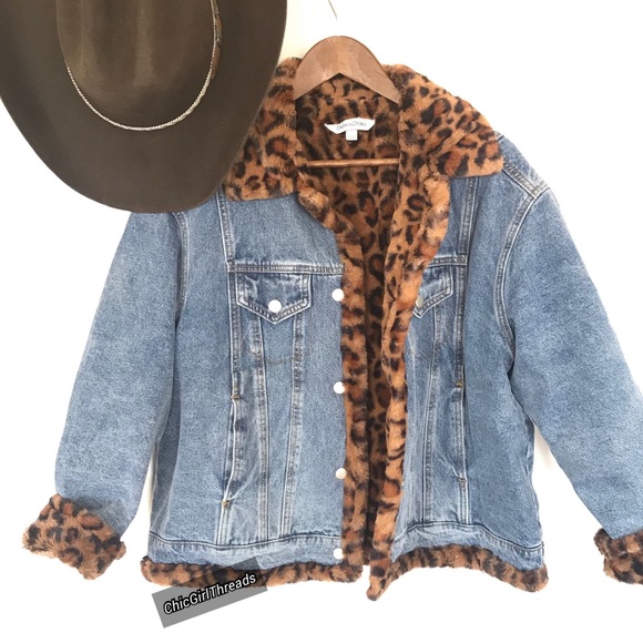 Oversize Denim Jacket Leopard Faux Fur - Picture 8 of 14